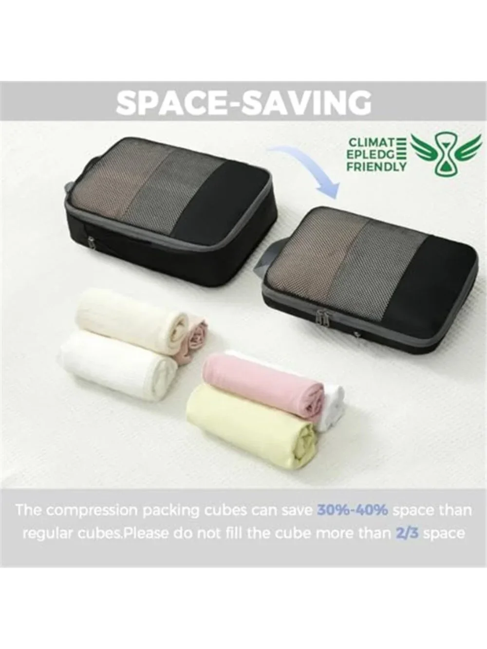 Compression Packing Cubes 6 Pcs Travel Luggage Organizer Space Saver Bags Black